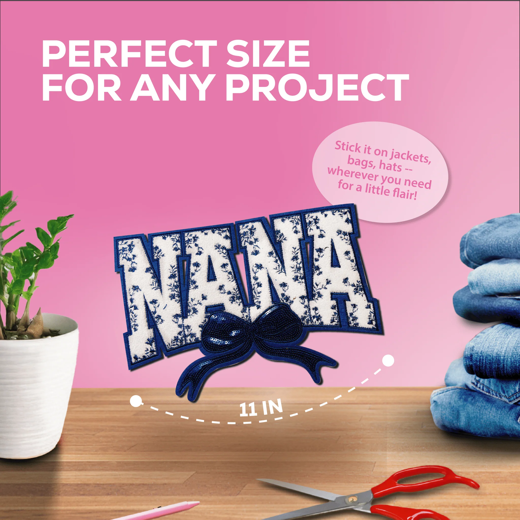 "Nana" Blue Floral with blue bow Chenille Patch - Image 3