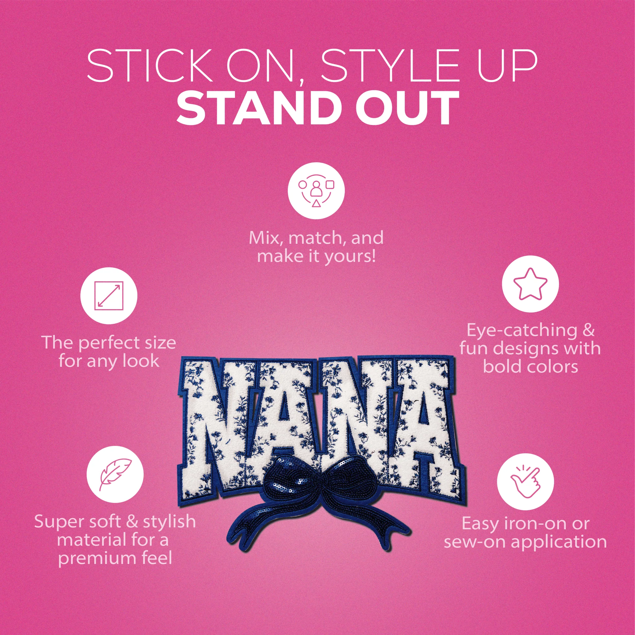 "Nana" Blue Floral with blue bow Chenille Patch - Image 5